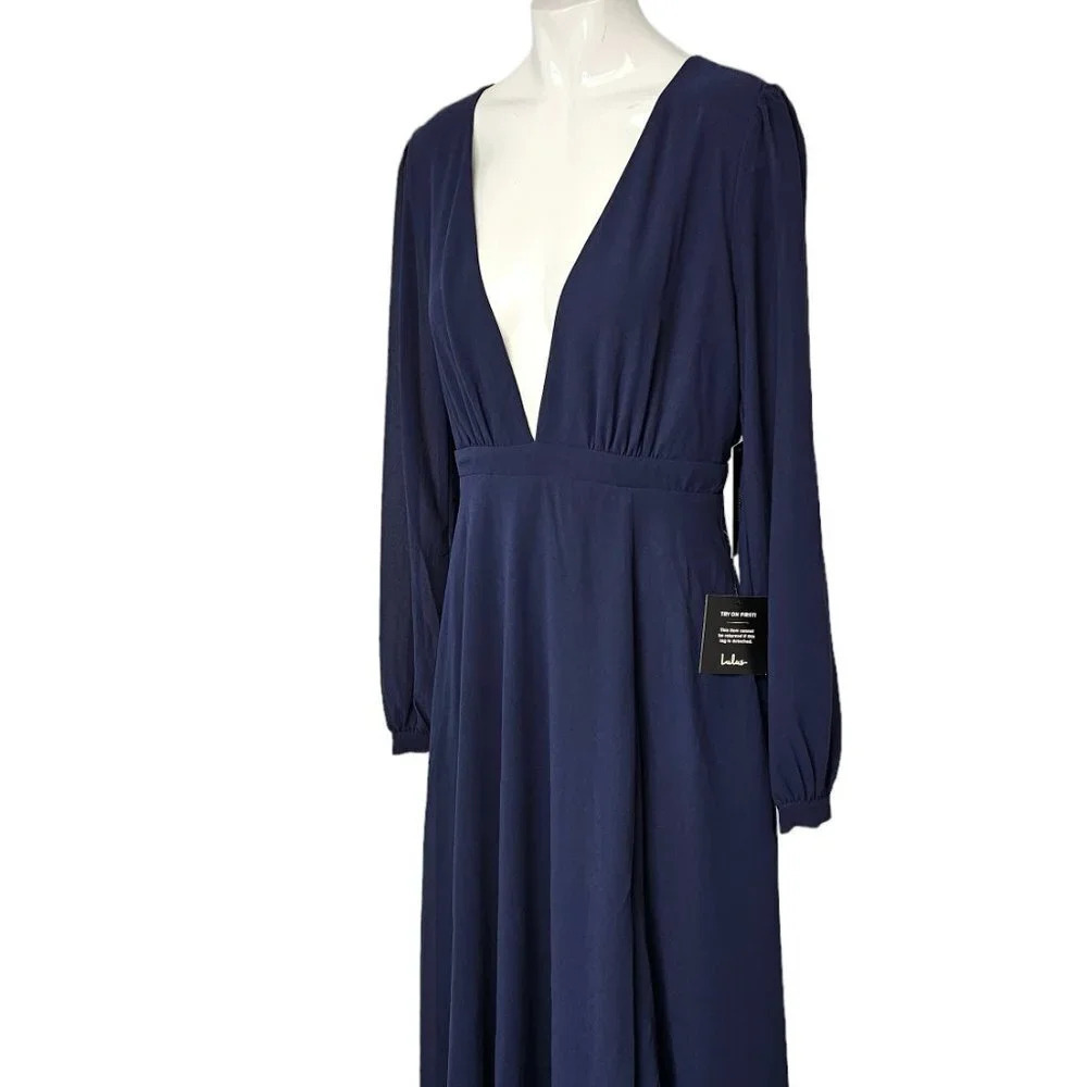 Lulu's All My Life Navy Blue Long Sleeve Maxi Dress Size XS NWT Chiffon V-Neck - Picture 7 of 11